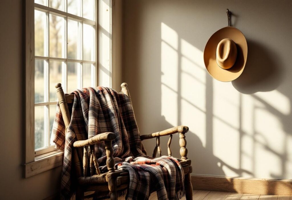 Du ranch au repos : misez sur un coin lecture western avec chapeau suspendu et plaid à carreaux