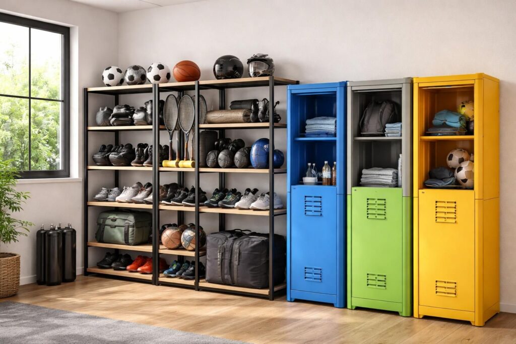 Rangement optimisé pour équipements sportifs avec étagères Songmics et casiers Decathlon