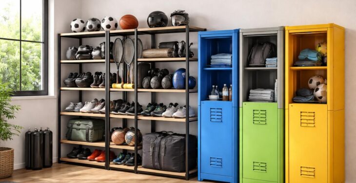 Rangement optimisé pour équipements sportifs avec étagères Songmics et casiers Decathlon