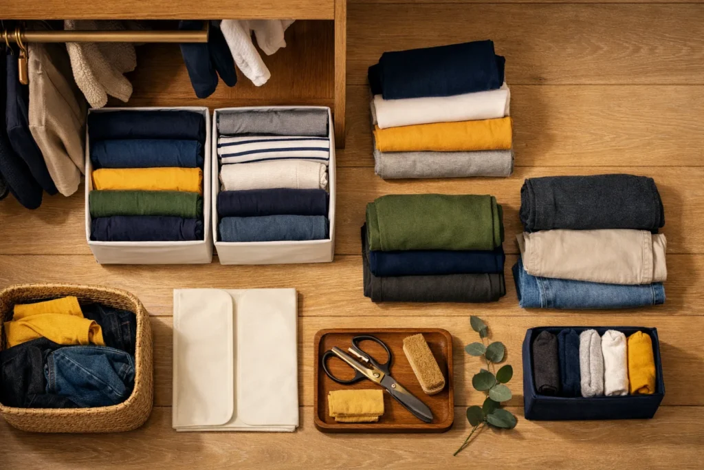 Méthode KonMari dans un placard français : trier, plier debout